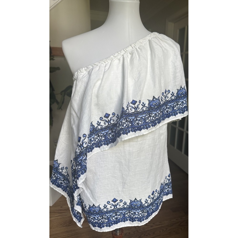 LAUREN Ralph Lauren One Shoulder Linen Top Boho Print Size Medium